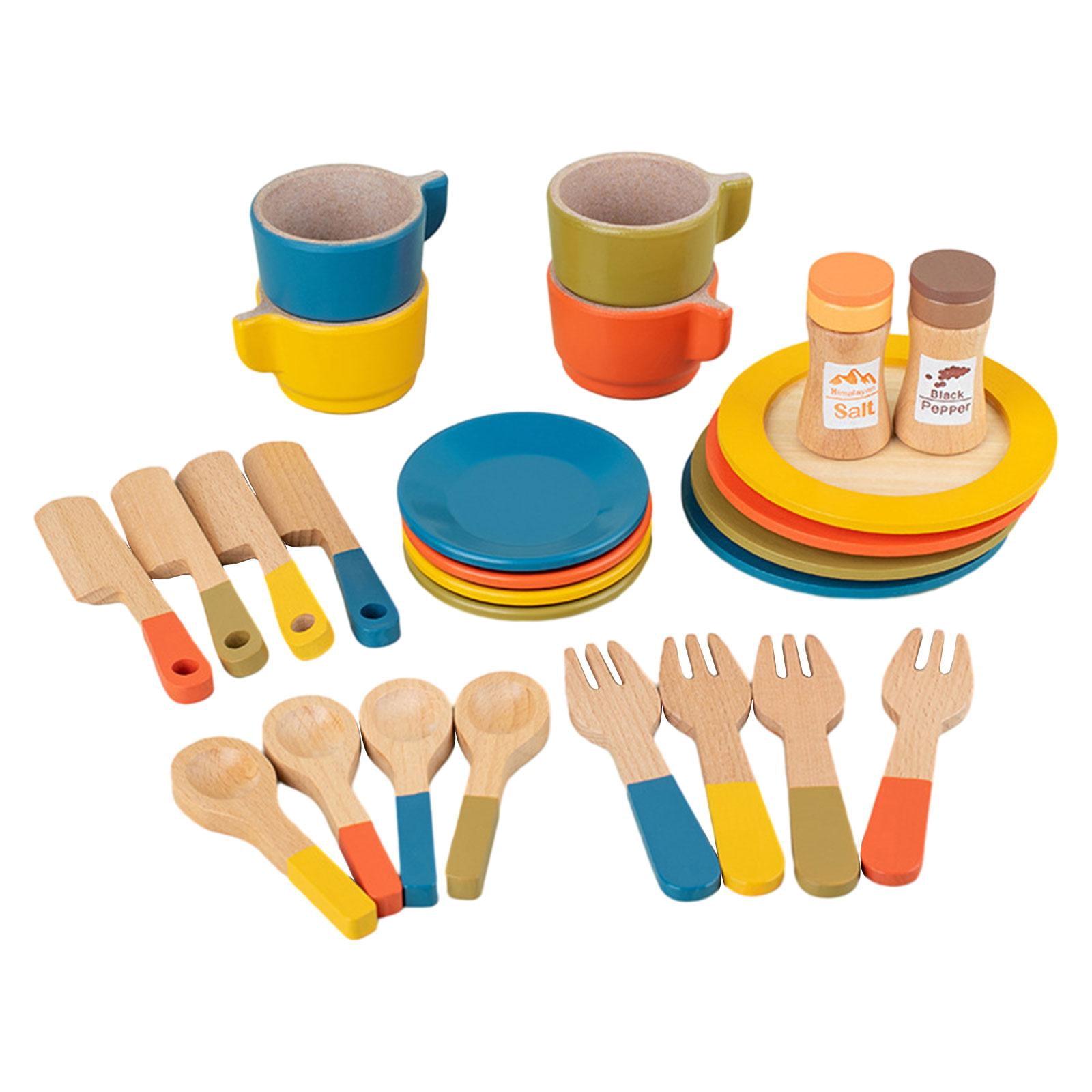 Bunblic Wooden Toy Plates Dishes Montessori Role Play Forks Cups