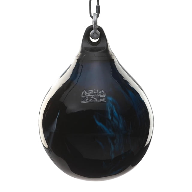 Sac d'Entraînement ATM de 18 Pouces, 120 Lb - Sac de Frappe Rempli d'Eau en Forme de Goutte « Bad Boy Blue » avec surface en Vinyle Bleu Foncé Brillant et Tourbillon Noir, Manille Suspendue en Métal, Résistant aux UV et Imperméable, Convient à la Boxe, au MMA et à l'Entraînement de Mise en Forme.