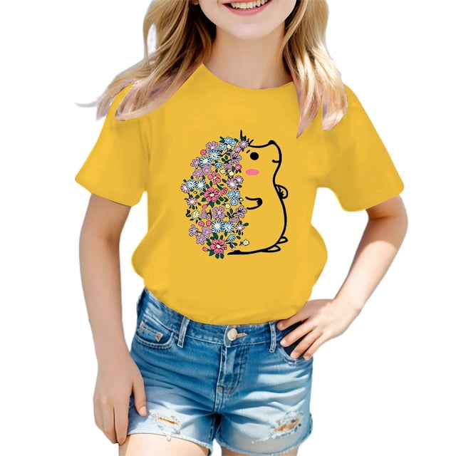 PMVFHDE Hauts pour Filles T-Shirts pour Filles T-Shirts Graphiques T-Shirts pour Fille Hauts d'Été Tendance pour Filles Hauts d'Été pour Fille T-Shirt Graphique Mignon pour Fille Col Rond Manches Courtes T-Shirt d'Été Jaune, 8-9 Ans