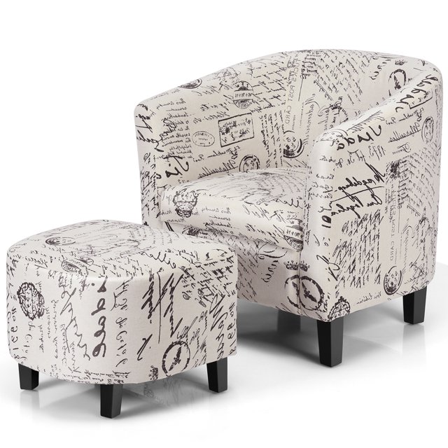 Gymax Barrel Modern Accent Tub Upholstered Chair French Print w/ Ottoman