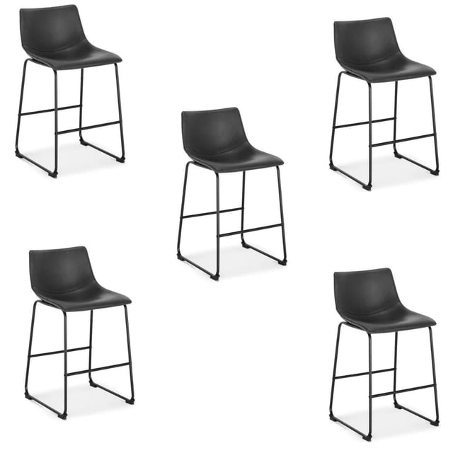 Heavenly Collection Ensemble de 5 Tabourets de Bar Bruns avec Revêtement en Similicuir Brun et Pieds de Traîneau Enduits de Poudre Noir Mat, Orientés vers l'Avant sur Fond Blanc, Conçus pour les Sièges de Cuisine et de Salle à Manger comme Tabourets de Comptoir au style Industriel et à la surface d'Assise Confortable.