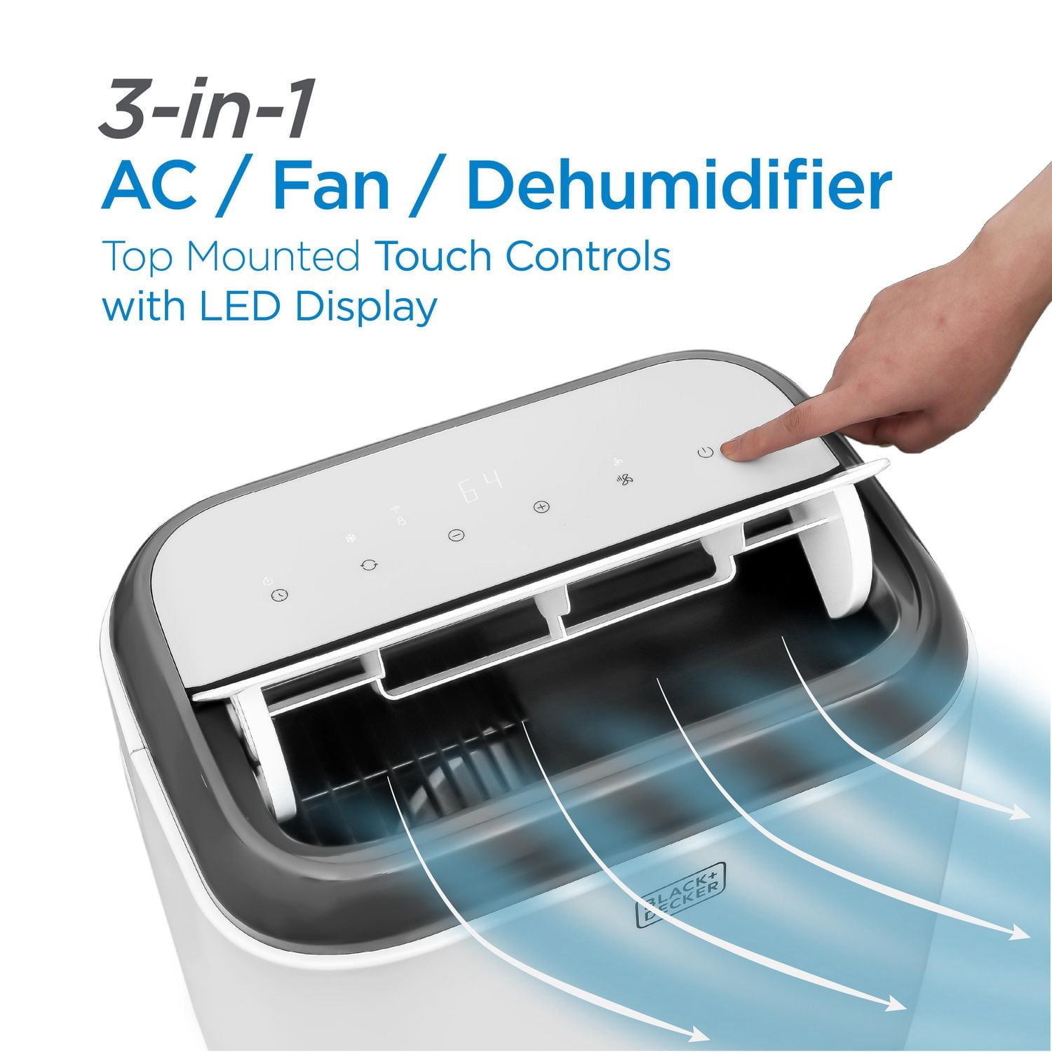 Climatiseur portatif BLACK+DECKER 8 000 BTU ASHRAE 128, 150 pi² Pi, 5 000 BTU SACC/CEC avec télécommande, blanc