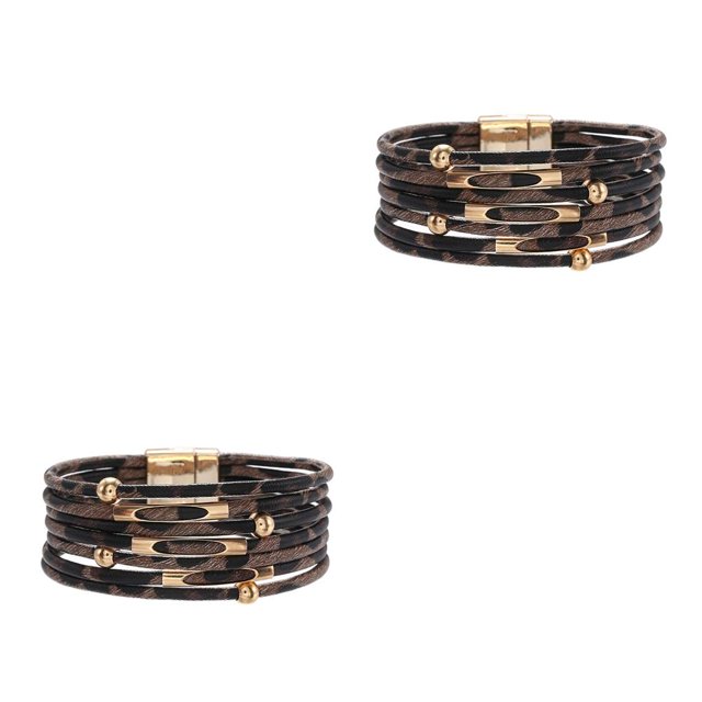 QualitChoice Bracelet Multi-layers Magnetic Buckle Leather Multi-colored Leopard Print Valentines Day Gifts Bracelets Hand Jewelry Brown 2Set