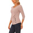 thumbnail image 4 of INSPIRE CHIC Women's Button Decor V Neck 3/4 Sleeve Solid Knitted Ruched Blouse Beige Pink M, 4 of 5
