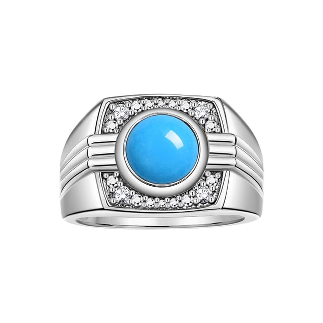 RYLOS Mens Rings 14K White Gold Designer Round Gemstone & Sparkling Diamond Ring Turquoise December Birthstone Rings For Men, Men's Rings, Gold Rings Sizes 8 - 13