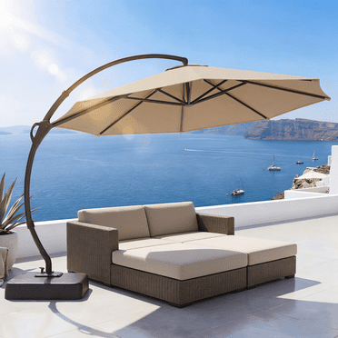 LAUSAINT HOME 11 FT Outdoor Patio Umbrella with Base, Aluminum Cantilever Umbrella with Crank, Champagne