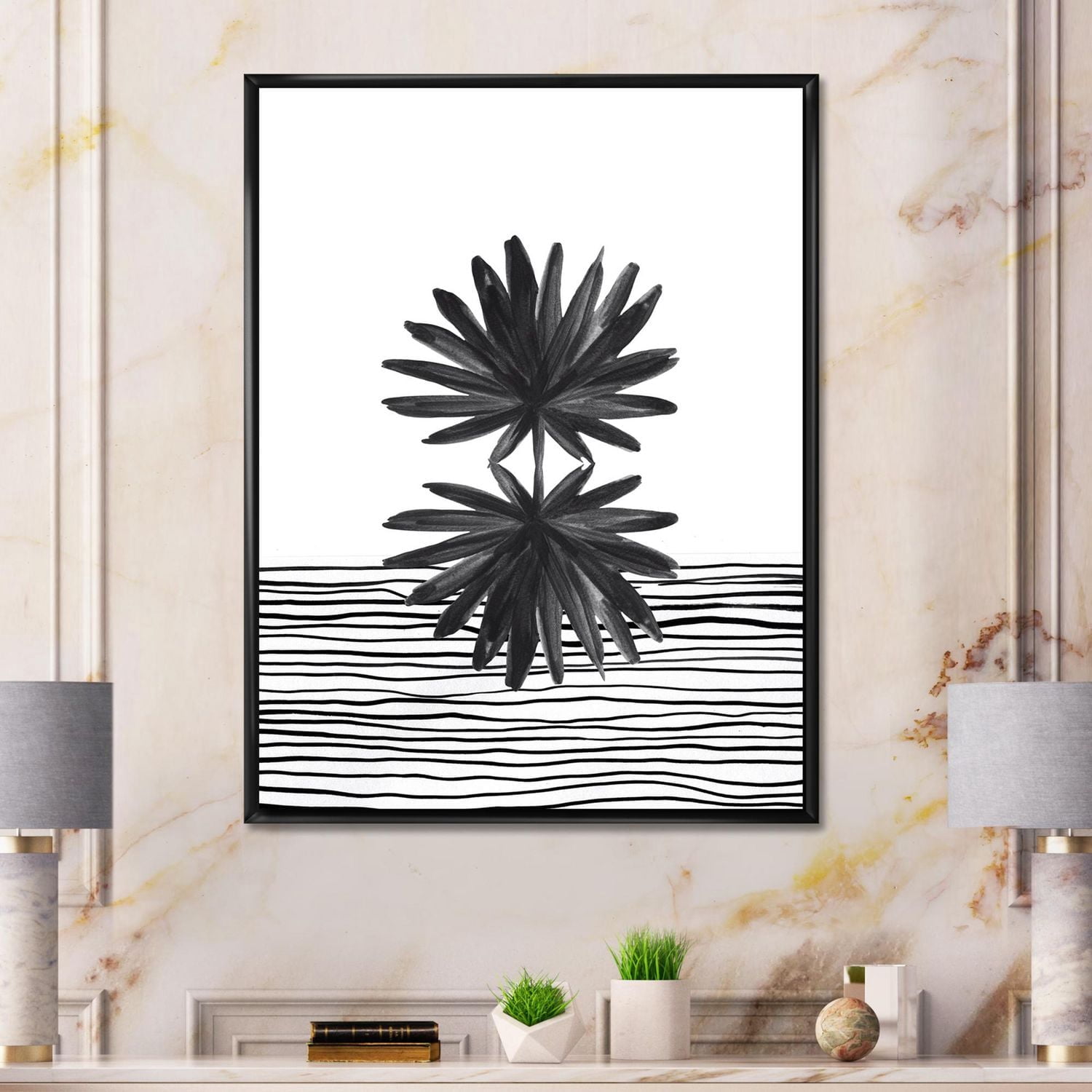 Designart Feuille tropicale noire et blanche sur rayures II ART MURAL À CADRE FLOTTÉ