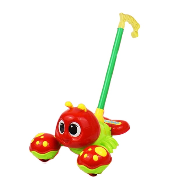 Jouet à Pousser à la Main Jouet Éducatif pour Enfants, Présentant un design Coloré d'Écrevisse avec accents Rouges et Verts, des Yeux de Dessin Animé et des Roues à Motif de Champignon. Comprend une Longue Poignée Verte avec une Prise Jaune pour Pousser Facilement. Idéal pour Développer l'Équilibre, la coordination Oeil-Main et les Habiletés Motrices Fines. Classé comme Jouet à Pousser et Tirer pour l'Apprentissage Précoce. Dimensions Sont 20cmx17.5cmx12.5cm avec une Poignée de 40cm de Longueur.