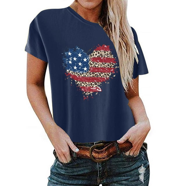 Birdeem T-Shirt pour Femmes d'Été Décontracté Ample Imprimé Fête de l'Indépendance à Col Rond à Manches Courtes