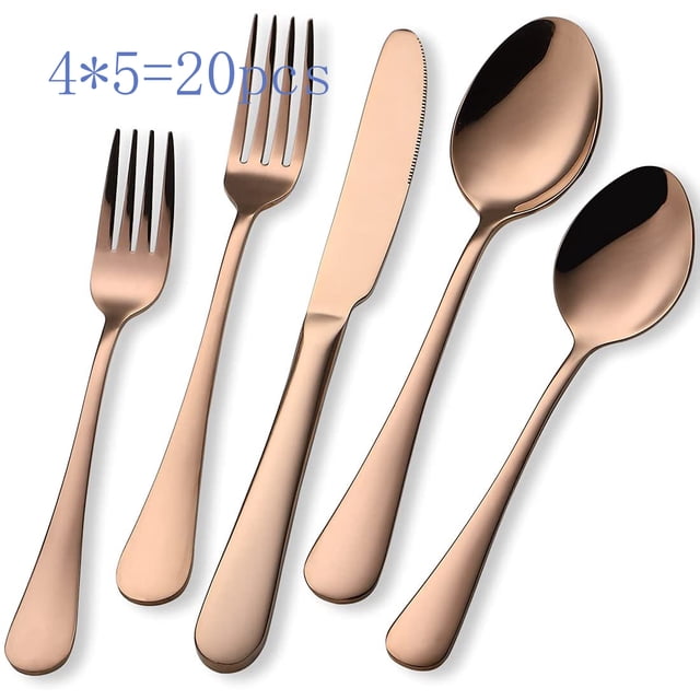 Rose Gold Silverware Set, 20 Piece Stainless Steel Flatware Cutlery Set for 4, featuring 4 dinner knives, 4 dinner forks, 4 salad forks, 4 dinner spoons, and 4 teaspoons. Made of food-grade stainless steel with a rose gold titanium-plated mirror finish, this set is corrosion-resistant, durable, and dishwasher safe. The classic design with smooth edges and comfortable handles adds elegance to any dining experience.