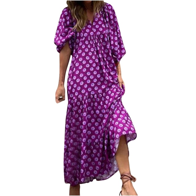 RKSTN Robes pour Femme Robe à Imprimé Floral à Manches Bouffantes Grande Taille Robe à Manches Courtes à Col en V Fluide Robe Maxi de Soirée