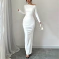 thumbnail image 3 of JGGSPWM Robe à une Épaule à Manches Longues pour Femmes Couleur Unie Froncée Sortie Nocturne Formelle Maxi Automne Invitée de Mariage Robes Blanc P, 3 of 8