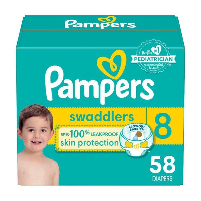 Pampers Swaddlers Diapers, Super Econo Pack front-facing retail pack with Shiloh the Elephant and Freddy the Duck designs; highlights Blowout Barrier at the back waist, Dual Leak-Guard Barriers at the legs, wetness indicator and Pampers BreatheFree liner; dermatologist approved and hypoallergenic.