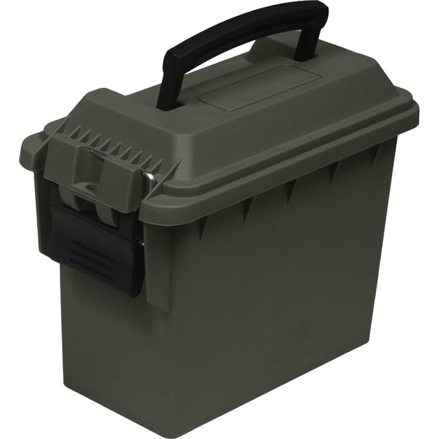 Mil-Spex Mini Ammo Storage Case in olive green polypropylene with black handle and latch, featuring a rubber gasket sealed lid for water resistance, measuring 6.75 by 8.75 by 4.5 inches, designed for ammunition storage and also suitable for organizing small tools or fishing gear.