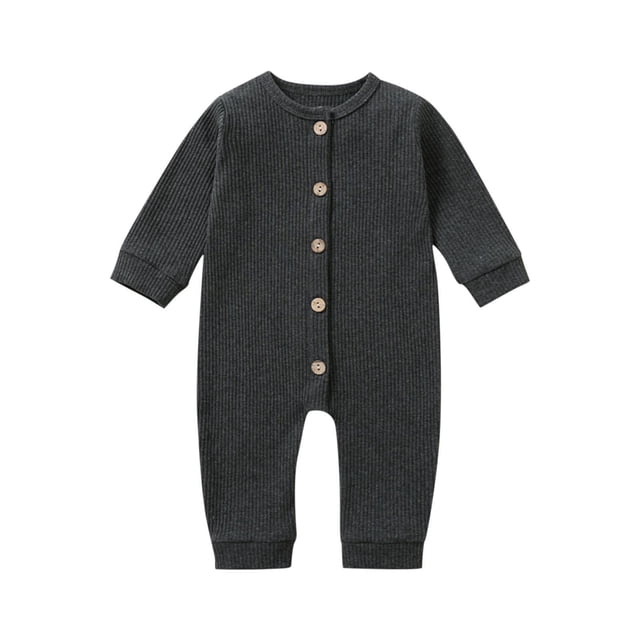 UAMVSH Newborn Baby Boy Girl Rompers Ribbed Knitted Onesie Clothes Infant Long Sleeve Button down Jumpsuits Fall Winter(9-12 Months,Dark Gray)