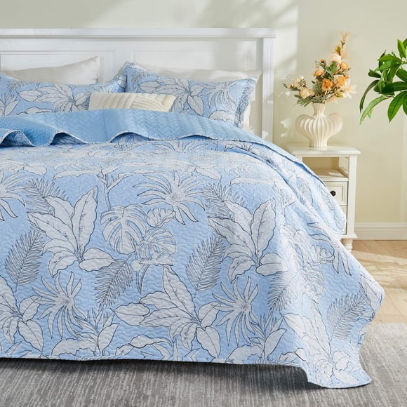 Gogreen Luxury Printed Quilt Set Queen Size, Lightweight Comforter Set, Oversized Bedspread Coverlet Quilted Bedding Set, with 2 Matching Pillowcases, for All Season
