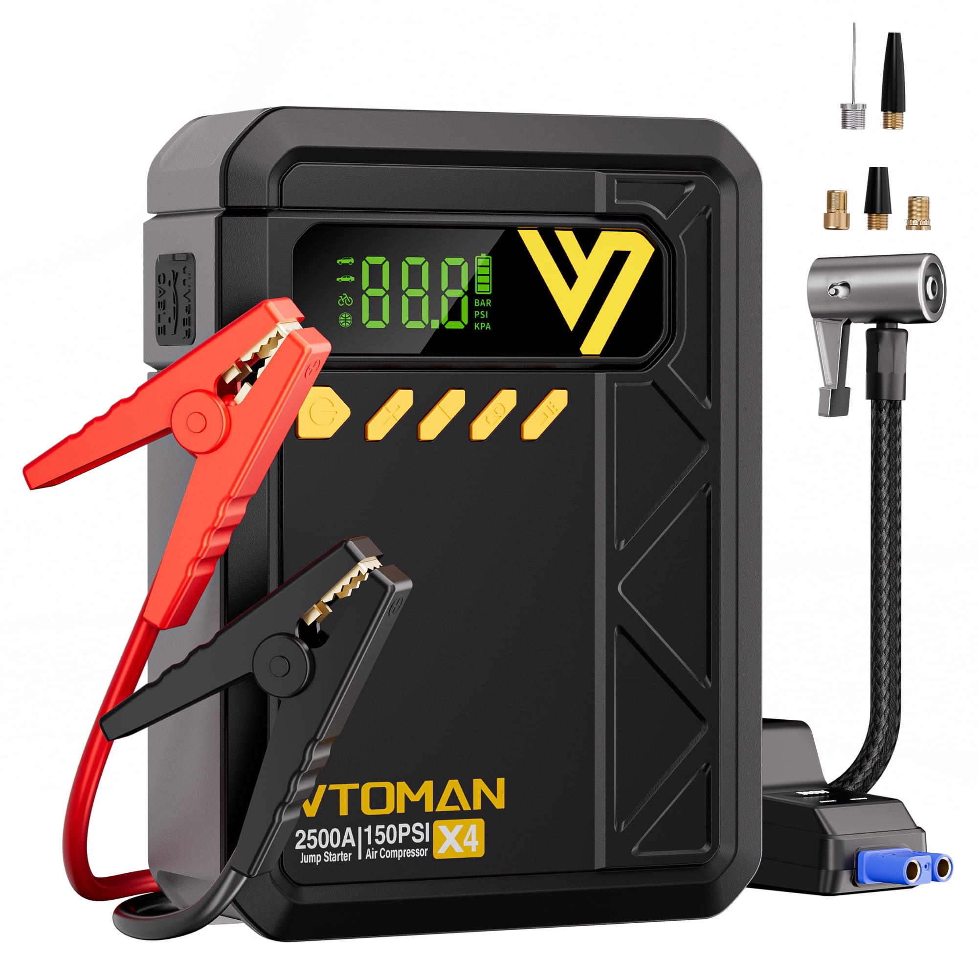 VTOMAN X4 Portable Jump Starter with 150PSI Air Compressor, 2500A Car Battery Jump Starter (8.5L Gas/6L Diesel) , 12V Lithium Jump Box & Auto-Shutoff Tire Inflator, Large LED Display