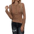 thumbnail image 2 of FOCUSNORM Women’s Juniors Solid Color Button Round Neck Stitching Long Sleeve T-shirt, 2 of 5