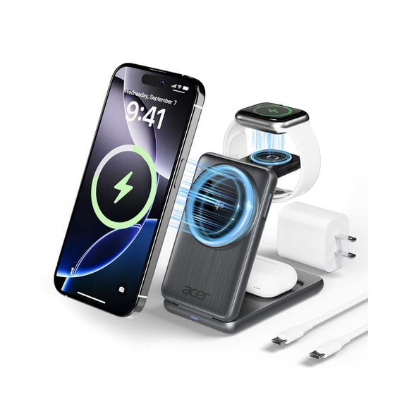 Acer 3 in 1 Charging Station for iPhone, Wireless Charger Stand,15W Fast MagSafe Charger for iPhone 17 16 15 14 13 12 Series-Apple Watch 10 9 8 7 6 5