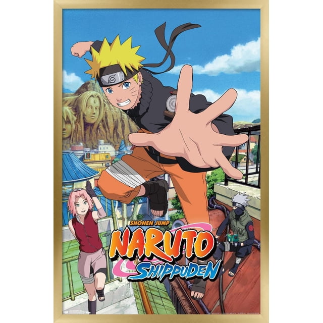 Naruto Shippuden - Affiche Murale Sautante, 22,375 Pouces x 34 Pouces Représentant Naruto Uzumaki Bondissant vers l'Avant avec une Main Tendue, Portant un Pantalon orange et une Veste Noire, sur Fond de village Détaillé sous un Ciel Bleu Clair. Sakura Haruno Se Tient à Gauche en Haut Rouge et shorts Roses, Tandis Que Kakashi Hatake s'Asseoit à Droite dans un Gilet Vert et un Masque. l'Affiche Présente le logo Naruto Shippuden