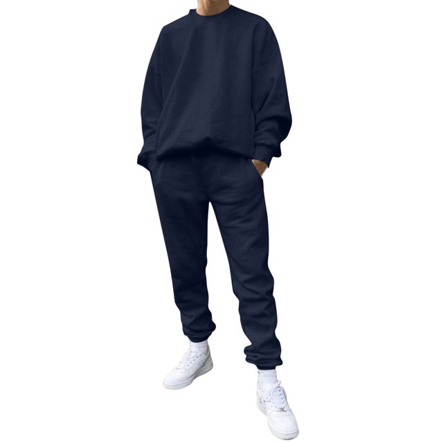 Kcodviy Male Casual Solid Two Suite Pants for Men Piece Suit O Neck Tuxedo 40R off Shoulder Sleeve Sweatshirt Suits for Men Drawstring Pocket Pants Set