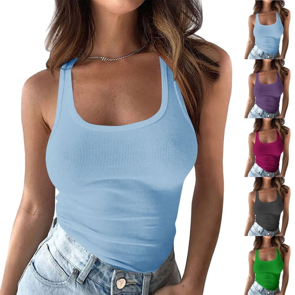 Summer Savings Clearance!yoeyez Sleeveless Tops for Women,Tummy Control Tank Tops for Women Women Ribbed Knitted Stretchy Slim Tight Solid Color Low Cut Camis Shirts Green,XL