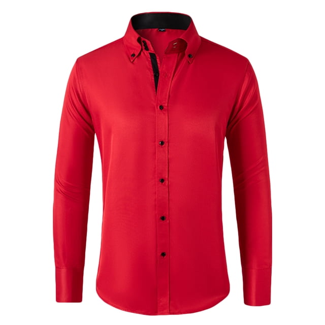 RXIRUCGD Mens Fashion Casual Solid Tops Turndown Collar Buttons Cardigan Shirts, Red, Size: L
