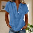 thumbnail image 4 of Wensltd Women Cotton Linen Shirts Solid Color Short Sleeve V Neck Basic Tops Casual Lightweight for Daily Wear Blue, 4 of 6