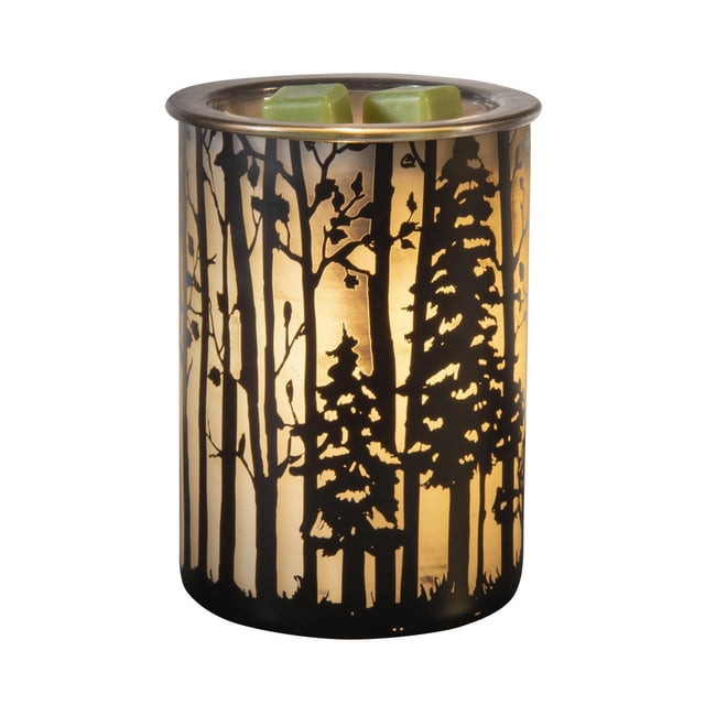 ScentSationals Premium Warmer - Forest with a cylindrical metal body featuring black forest tree silhouettes illuminated by a warm 25W light, holding green wax cubes on top to melt scented wax for home fragrance and a relaxing atmosphere.