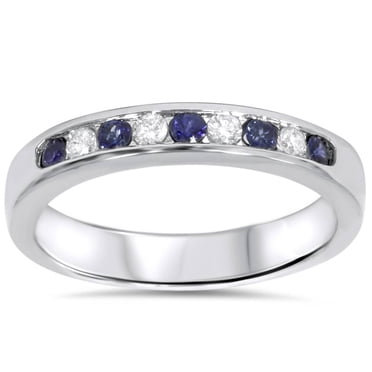 Bague de Mariage Sertie en Rail avec Diamant de Laboratoire en Saphir Bleu 1/4 Ct en Or Blanc 14 K