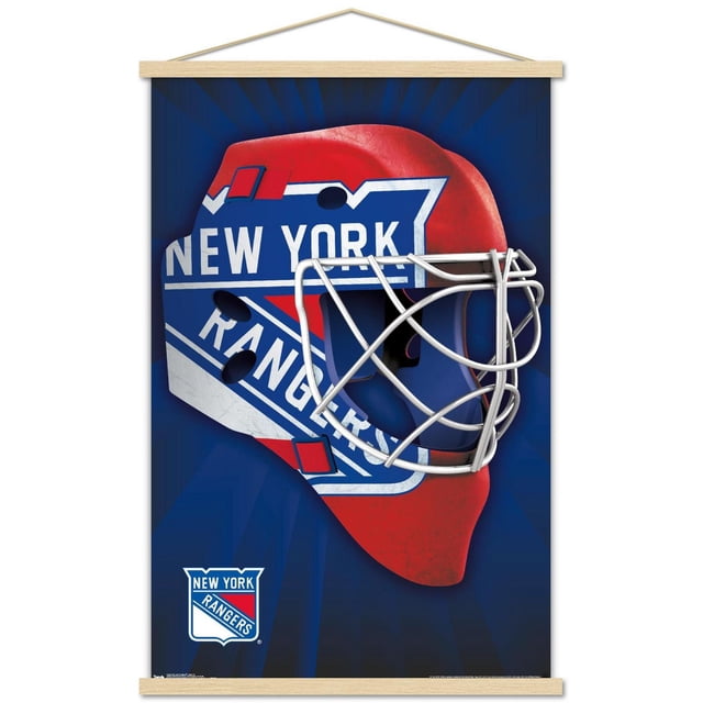NHL New York Rangers - Mask 16 Wall Poster, 22.375" x 34" showing a front-facing red and blue hockey goalie mask with a silver cage and the New York Rangers logo on the side against a dark blue background with subtle radial rays, printed on glossy poster paper with wooden hanger bars, ideal for bedroom or office wall decor.