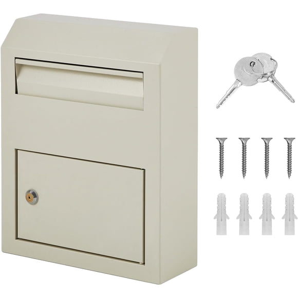 Wall Mount Locking Mailbox for Outside - Steel Security Mailbox with Key Lock and Mail Slot - 12 x 4.5 x 15 Inch Post Box for Home and Office - White