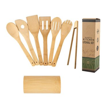 Ensemble de 8 Pcs d'Ustensiles de Cuisine en Bois et Bambou, Ensemble d'Ustensiles de Cuisine avec Support, Cuillères en Bois pour Cuisiner, Excellent Cadeau