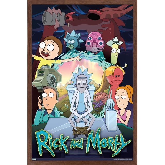 Rick And Morty - Affiche Murale de Groupe Saison 4, 14,725 Pouces x 22,375 Pouces Mettant en Vedette des Personnages Clés de la Série Animée. Rick s'Asseoit sur une Toilette avec un Pantalon au Centre, Entouré de Morty avec les Bras Tendus, un dragon Rouge, un Personnage Bleu à Picots, un Extraterrestre Rose aux Yeux Multiples avec un Casque, un Grand Personnage avec un Chapeau de cowboy Donnant un Pouce en l'Air, et un Personnage Rouge Type Poisson aux Cheveux Blonds
