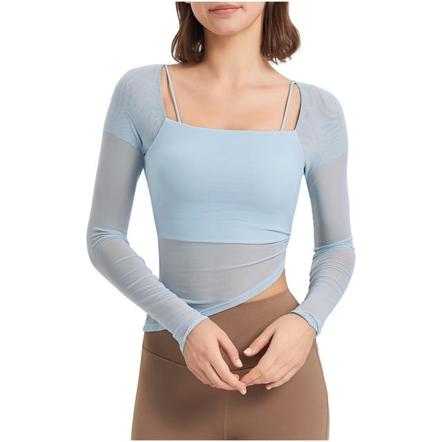 FAIWAD Women's Long Sleeve Sport Tops Square Neck Solid Color Lightweight Pullover Tops with Bra