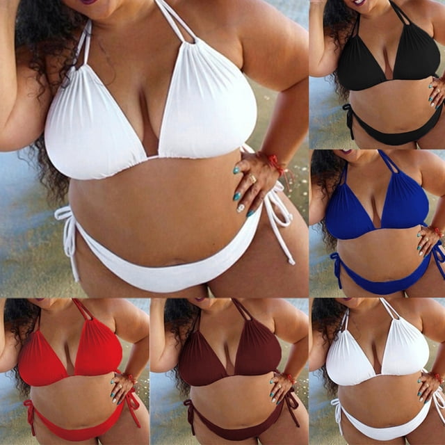 Jinhomg Plus Size Bikini Swimsuit for Women Basic Solid Color Halter String Triangle Bikini Tops with Tie Side Bottom 2 Piece Bathing Suit Spring Saving Red XXXXL