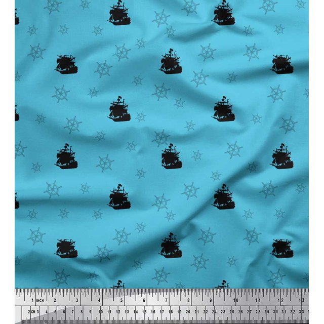 Soimoi Blue polyester Crepe Fabric Ship & Wheel Nautical Print Fabric by Yard 42 Inch Wide
