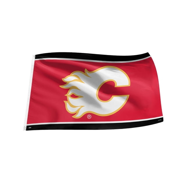 Officiellement Licencié LNH Mur 3 X 5 FLAG CALGARY FLAMES en polyester Rouge durable avec un Grand logo « C » Blanc Flamboyant Découpé en Or, Bordé de Rayures Noires et Blanches, avec Oeillets Renforcés pour Suspension, Convient à la Décoration de patio Intérieure et Extérieure.