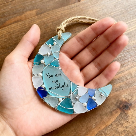 10Pcs Sea Glass Pendant under $5! Cagogo Sea Glass Moon Pendant, You Are My Moonlight Necklace, Beach Inspired Friendship Gift, Handmade Ocean Jewelry, Meaningful Keepsake Token
