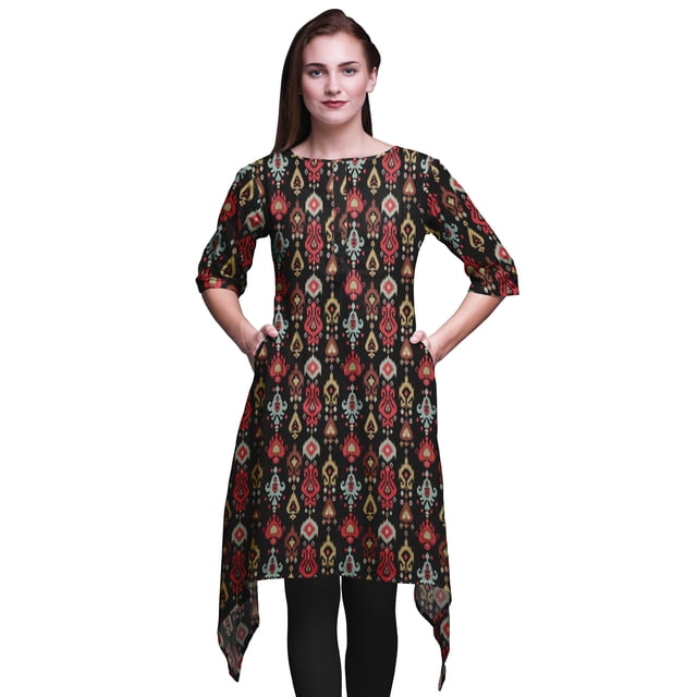 Bimba Hauts Imprimés Ikat Damassé Noir pour Femmes Kurti Asymétrique Robe d'Été pour Filles XSmall