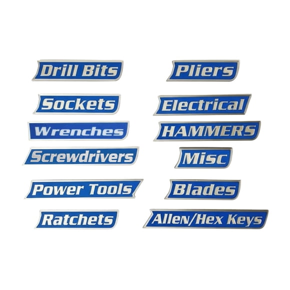 Tool Organization Labels 12-Pack Toolbox for Steel Toolboxes Carts Drawers and Cabinets in PET Reusable 3D Printed General Organization