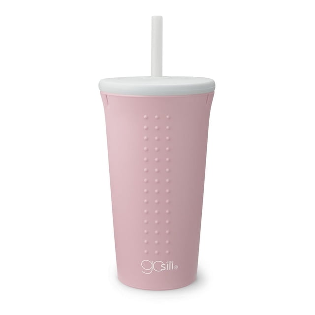 GoSili Straw Cup, 16oz. Spring Millennial Pink reusable silicone travel mug with white silicone lid and straw, featuring an embedded stainless-steel ring for strength and a raised dot grip pattern, microwave and dishwasher safe, suitable for sustainable on-the-go beverage use.