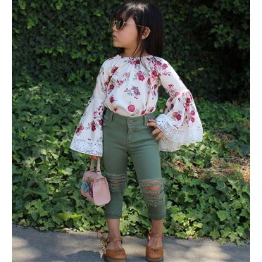 2PCS Toddler Kids Baby Girl Clothes Sets Long Lace Flare Sleeve Floral T-Shirt Tops+Ripped Jeans Pants Outfit Clothes 1-6Y