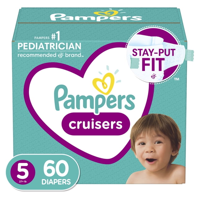 Pampers Cruisers Diapers Size 5 box containing 60 disposable diapers for babies over 27 pounds, featuring stay-put fit with stretchy sides and dual leak-guard barriers, teal and purple packaging with Pampers logo and pediatrician recommended branding.