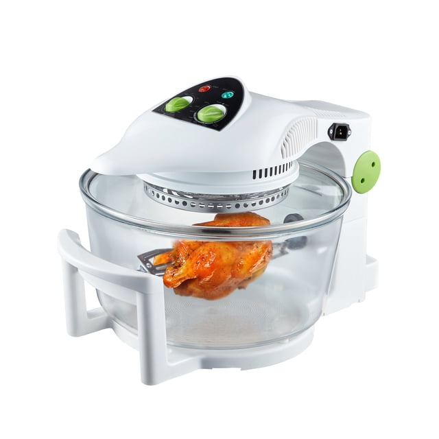Vesta VHO-D11 Air Fryer Halogen Oven 1200W with adjustable temperature (149–482°F) and timer (0–60 minutes), designed for compact kitchens. Features a transparent glass bowl and white housing, shown cooking a roasted chicken. Ideal for quick meals and space-saving in small homes.