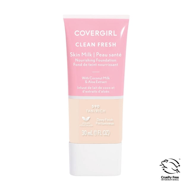 COVERGIRL Clean Fresh Skin Tint Foundation in 590 Tan/Rich, 30 mL lightweight liquid foundation with dewy finish, infused with coconut milk and aloe extract, 100% vegan and cruelty-free, in a pink and beige tube with white cap, suitable for hydrated, even skin tone.