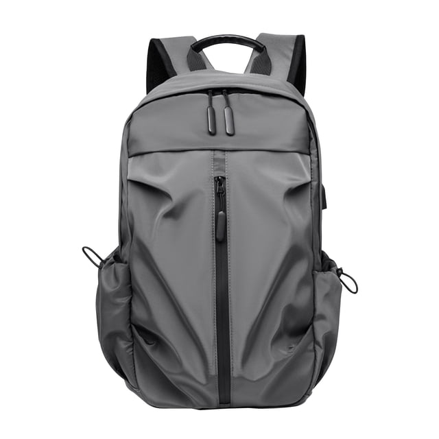EGNMCR Laptop Backpack for Women & Men, a unisex travel bag in gray, designed for 15.6-inch laptops. Features a durable nylon material, multiple compartments for organization, and padded straps for comfort. Includes side pockets for water bottles and umbrellas, and a front zipper pocket for easy access to essentials. Suitable for business, school, or casual hiking.