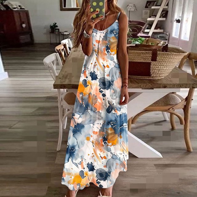 Ovzne Robes Grande Taille pour Femmes aux Formes Robe Femme Robes d'Été pour Femmes Imprimé Sans Manches Col Rond Robe Décontractée Longues Robes Robe de Printemps Imprimée Liquidation