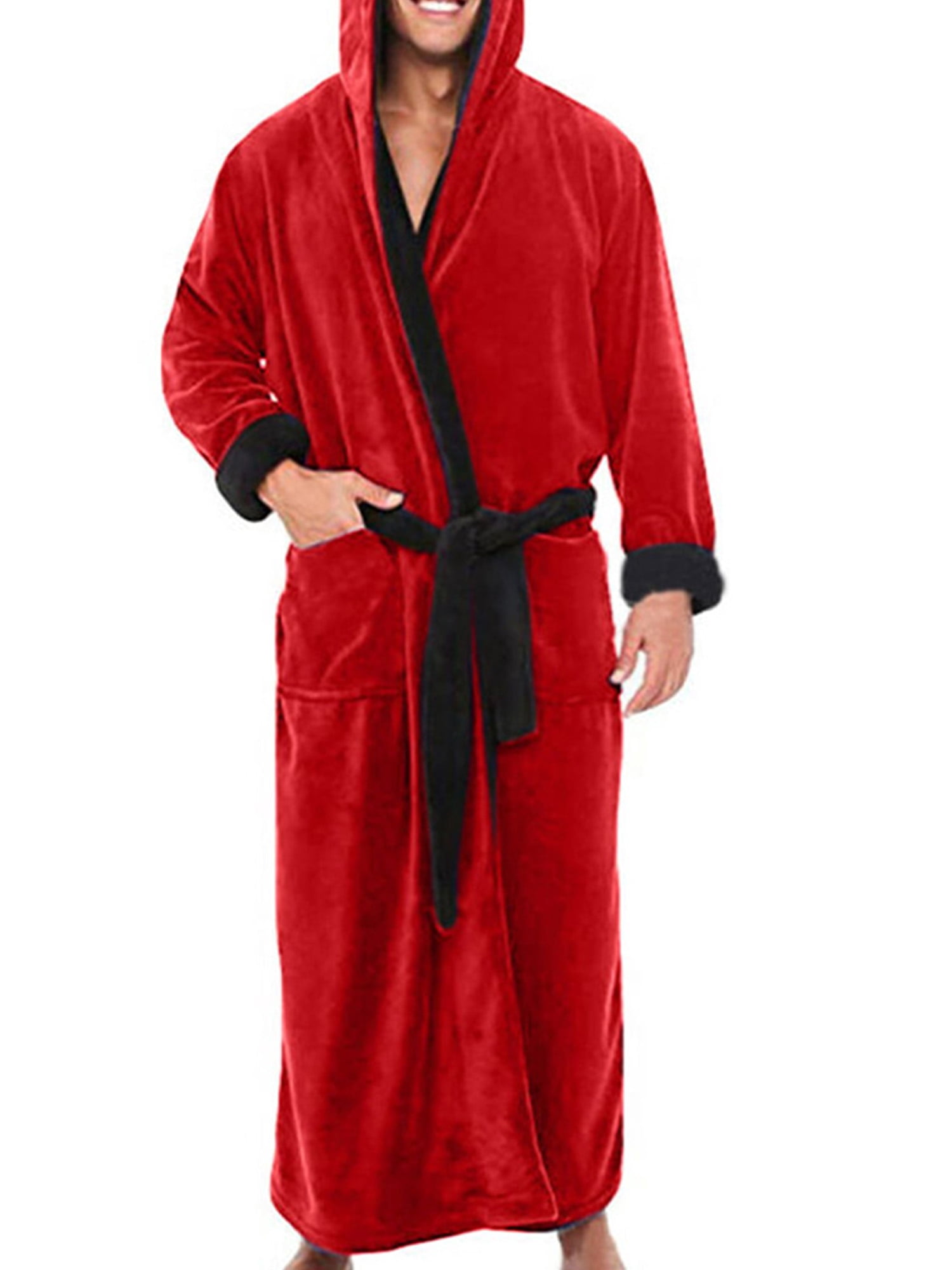 MAWCLOS Men Wrap Robe Long Sleeve Dressing Gown Solid Color Bath Robes Warm Night Hooded Towelling Red Black M