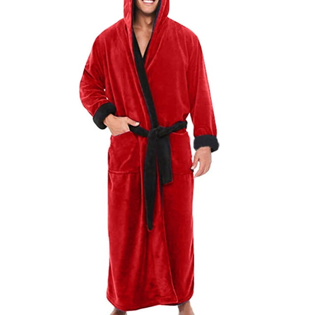 Innerwin Peignoir Uni pour Homme, Robe de Chambre à Capuche Épaissie en Peluche, Rouge Noir 3TG. long, Peignoir pour Homme à Capuche en Rouge Vif avec accents Noirs sur la Bordure, les Poignets et la Ceinture. Fabriqué en Mélange Doux Polyester-Coton, Ce Peignoir en Molleton sherpa Pelucheux Présente des Manches Longues, une Taille Ceinturée et Deux Poches avant. Conçu pour la Chaleur et le Confort, Il Est Idéal pour Se Détendre, Porter de Façon Décontractée Ou Dormir pendant les Saisons Plus Froides. Disponible en Taille 3TG.
